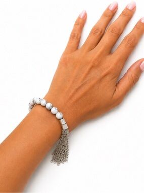 Handmade White Howlite Beaded Tassel Stretch Bracelet Boho Minimalist